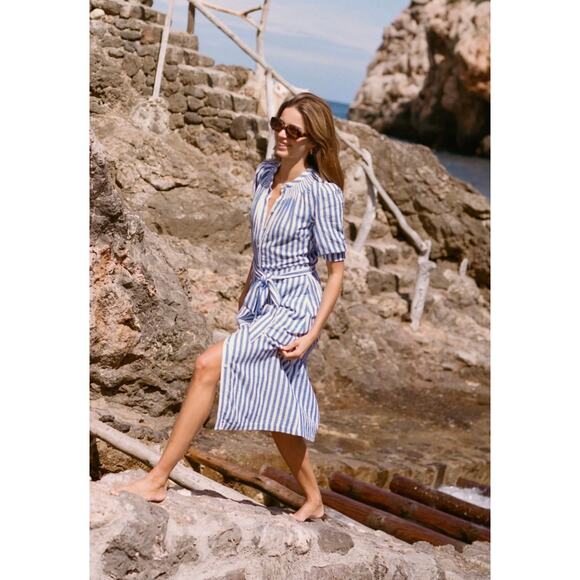 Boden Ada Double Cloth Blue White Stripe Midi Dress Sundress 6 Petite Black Belt - Picture 2 of 10